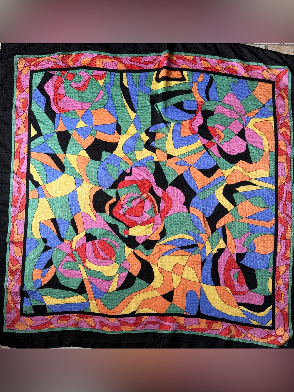 SUR UN AIR D’ OPERA Silk Scarf Vintage 32x33” Handrolled Edges Geometric modern